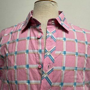 Ben Sherman Special Brew pink blue plaid contrast cuff shirt XL
